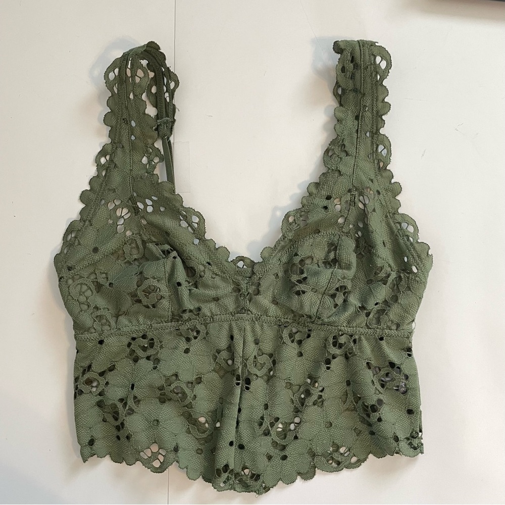 American Eagle Aerie Green Lace Bralette Double Strap Floral Crop Top Size XS